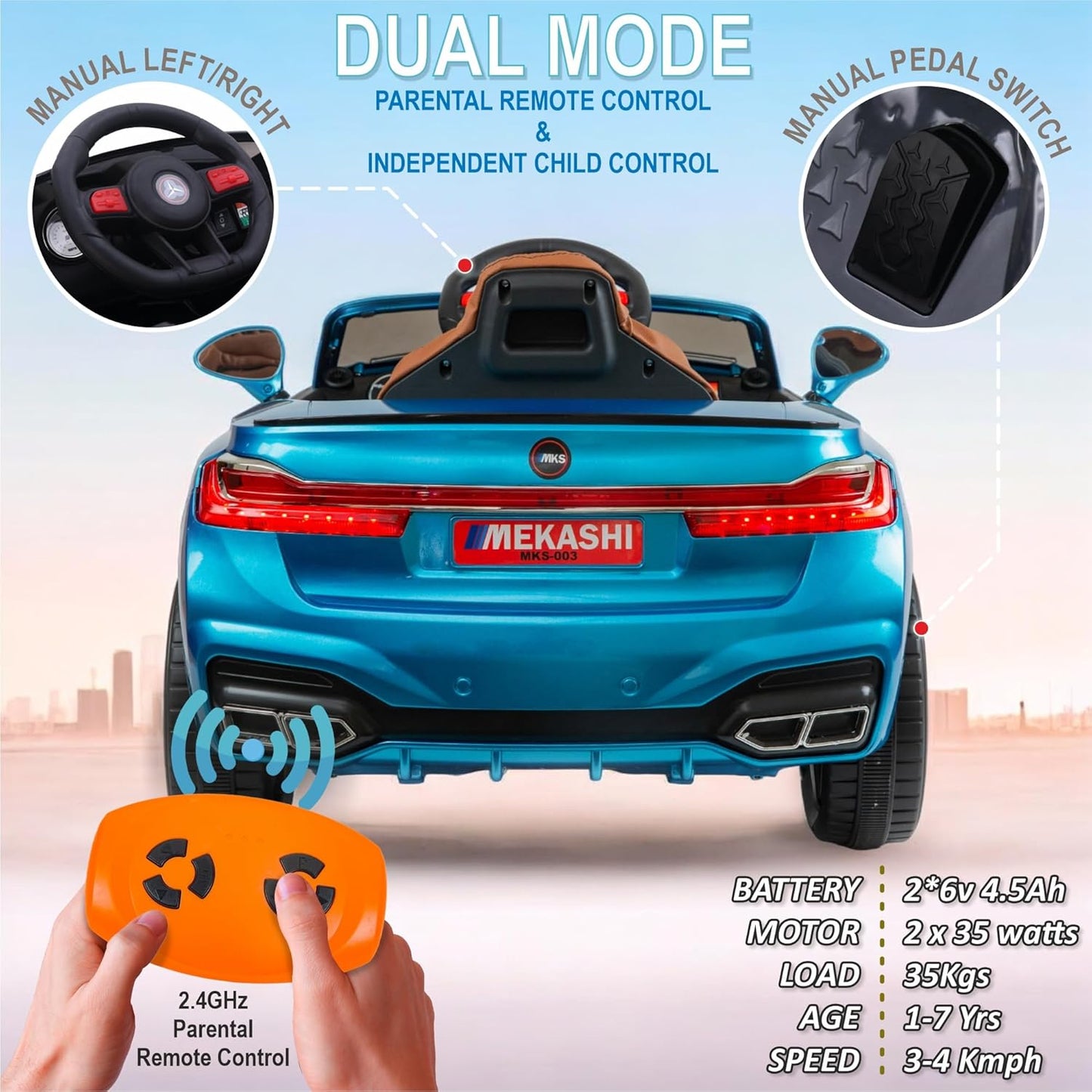 MEKASHI Electric Ride on Car for Kids, Parental Remote, 12V Rechargeable Battery, 3 Speed, LED Lights, Music, Bluetooth, 1 to 7 Years, Swing Function, Long Wheelbase, ISI Mark, MKS003D-Metallic Blue