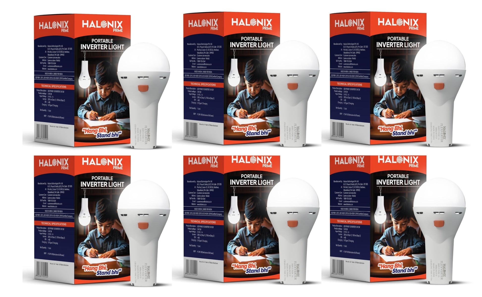 Halonix 5W Portable Emergency Inverter Bulb | Rechargeable LED Light for Power Cuts & Camping | Type-C USB Charging | Up to 4 Hours Backup | Hanging Clip Included | Cool Day Light | Pack of 1