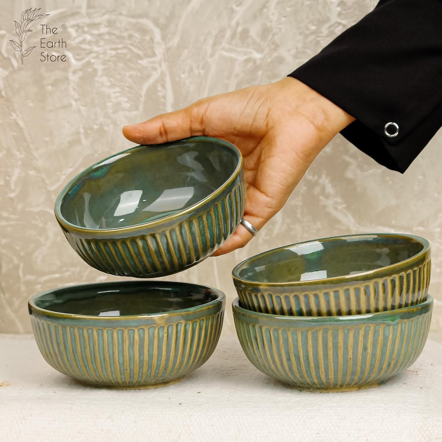 The Earth Store Glam Green Ceramic Bowl Set of 4, 250 ML Microwave & Dishwasher Safe Bowl Katori for Serving Snacks, Dal, Rice, Dessert | Perfect for Gifting and Daily Use