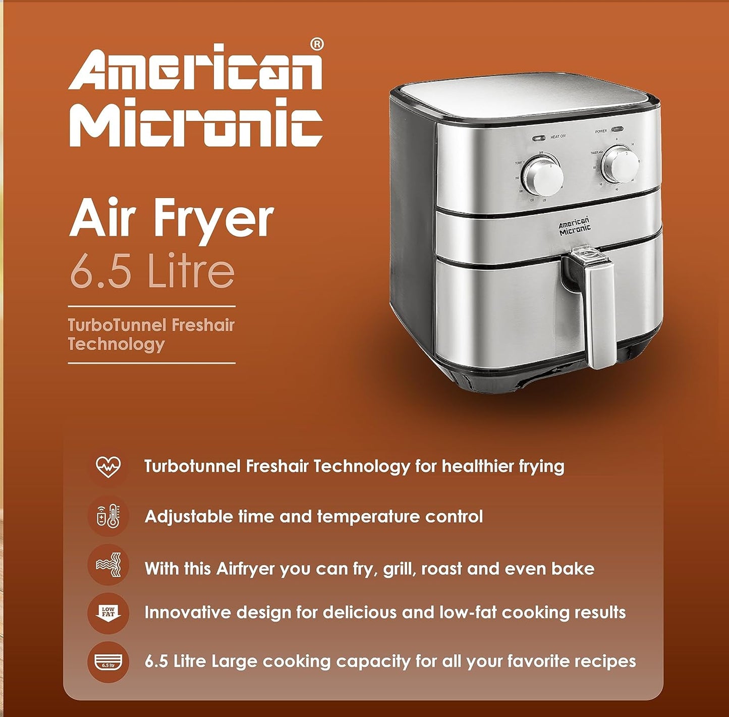 AMERICAN MICRONIC® 6.5 L Air Fryer for Home | 1700W Rapid Air Technology | Removable Basket | 60-Min Timer | Fry, Grill, Roast & Bake | Free Recipe Book | AMI-AFM-65LDx (Black & Steel)