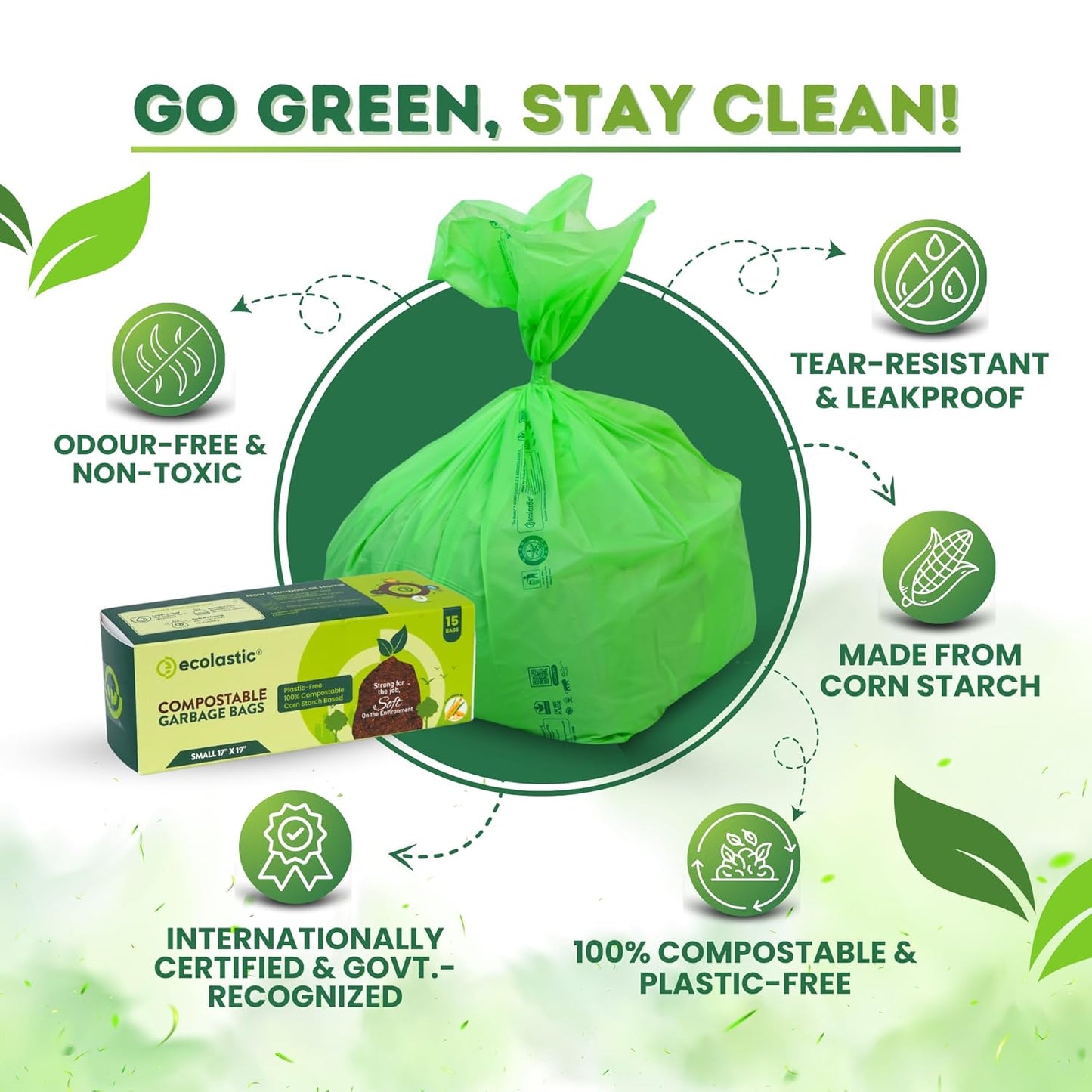 Ecolastic 100% Compostable & Eco-friendly Garbage Bags I SMALL (17 x 19 in.) I 75 bags I Pack of 5 I Capacity 20L I Green Colour