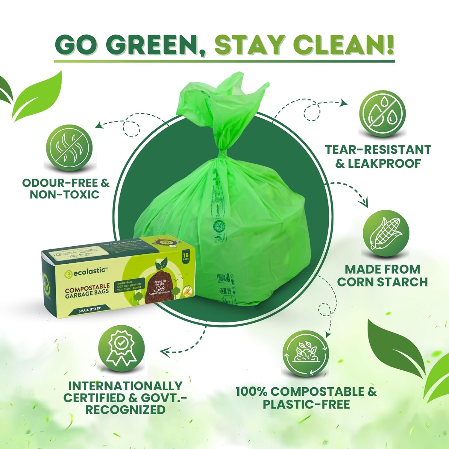 Ecolastic 100% Compostable & Eco-friendly Garbage Bags I SMALL (17 x 19 in.) I 75 bags I Pack of 5 I Capacity 20L I Green Colour