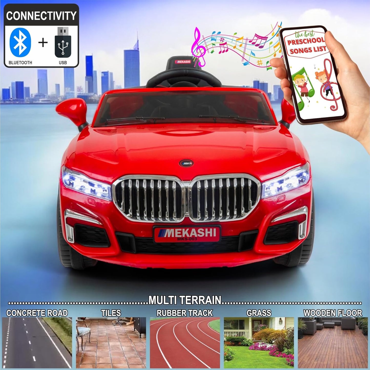 MEKASHI Electric Ride on Car for Kids, Parental Remote, 12V Rechargeable Battery, 3 Speed, LED Lights, Music, Bluetooth, 1 to 7 Years, Swing Function, Long Wheelbase, ISI Mark, MKS003-Red
