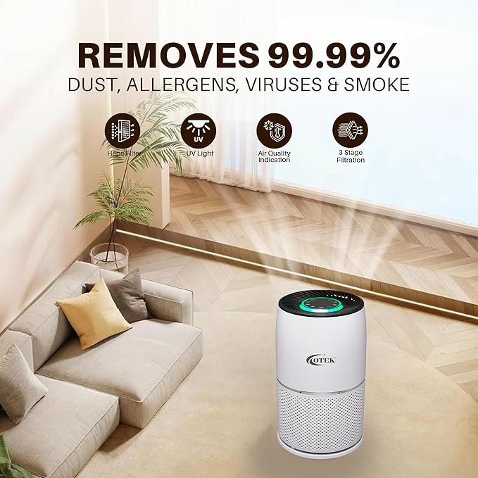 OTEK 330A Smart Air Purifier for Home & Office | HEPA H13 & Activated Carbon Filter | UV-C Sterilization | Real-Time AQI Display | Removes 99.9% Dust, Smoke & Allergens | 280 sq.ft
