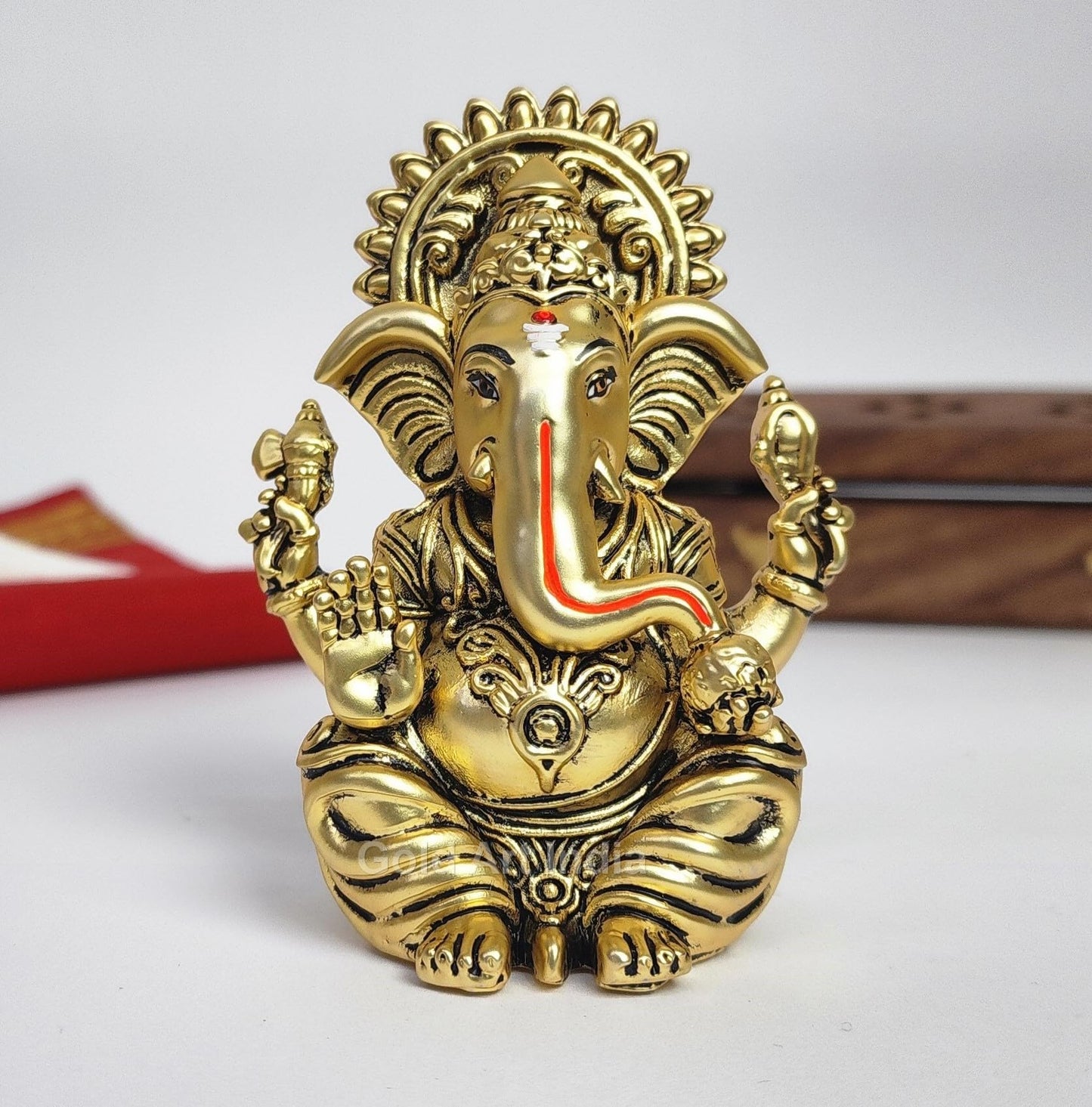 Gold Art India Ganesha Idol | Ganesh Statue for Home Decor | Ganesha murti for Office Desk, & Ganpati Idol for Car Dashboard | Unique Wedding & Birthday Gift (Gold Antique 3.5")