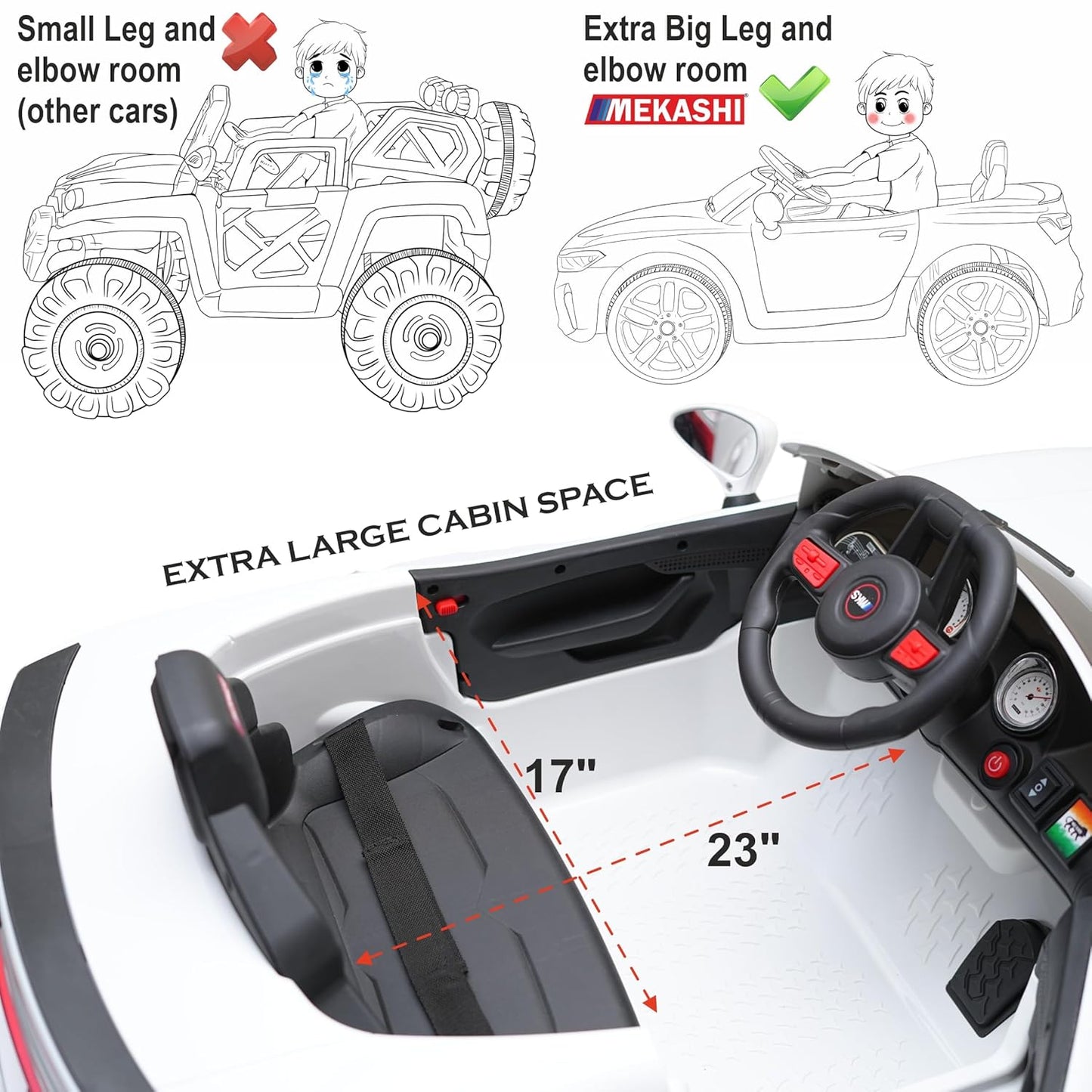 MEKASHI Electric Ride on Car for Kids, Parental Remote, 12V Rechargeable Battery, 3 Speed, LED Lights, Music, Bluetooth, 1 to 7 Years, Swing Function, Long Wheelbase, ISI Mark, MKS003-White