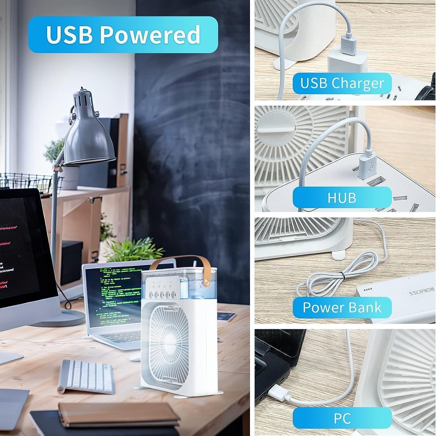 Portable Air Conditioners - Small AC Quiet Personal Air Cooler,USB Powered Mini Desktop Cooling Misting Fan, 1 | 2 | 3 Timer 3 Smart Speeds,360°Adjustment Office, Home, Room, Carved Design (MULTI) - Springkart 