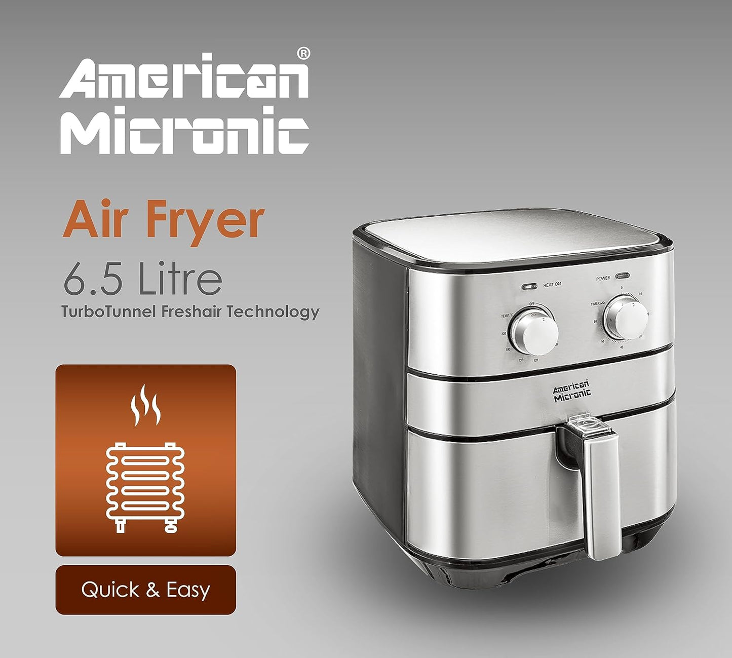 AMERICAN MICRONIC® 6.5 L Air Fryer for Home | 1700W Rapid Air Technology | Removable Basket | 60-Min Timer | Fry, Grill, Roast & Bake | Free Recipe Book | AMI-AFM-65LDx (Black & Steel)