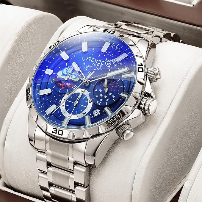 R0916 Men’s Luxury Quartz Watch – Deep Blue-Black Dial, Stainless Steel Strap, Waterproof & Luminous Analog Watch with Date & Moon Phase