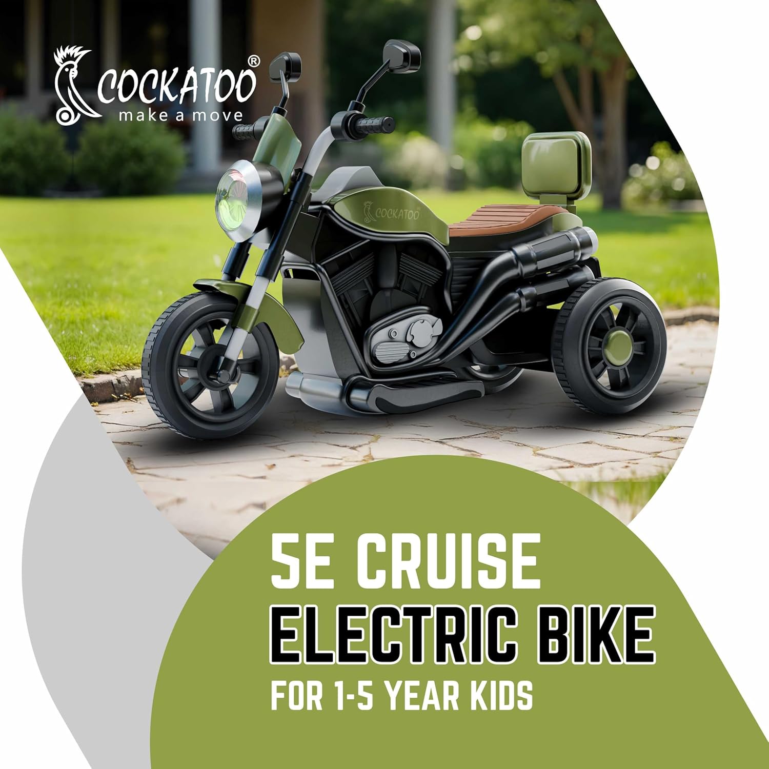 Cockatoo 5ECruise Rechargable Electric Kids Bike with Music&LED, Kids Scooter Bike for 1-5 Years Boys&Girls Powered by 6V Battery & Motor for 4.5-6Hr Ride with Foot Accelerator(Harrlay,Green)