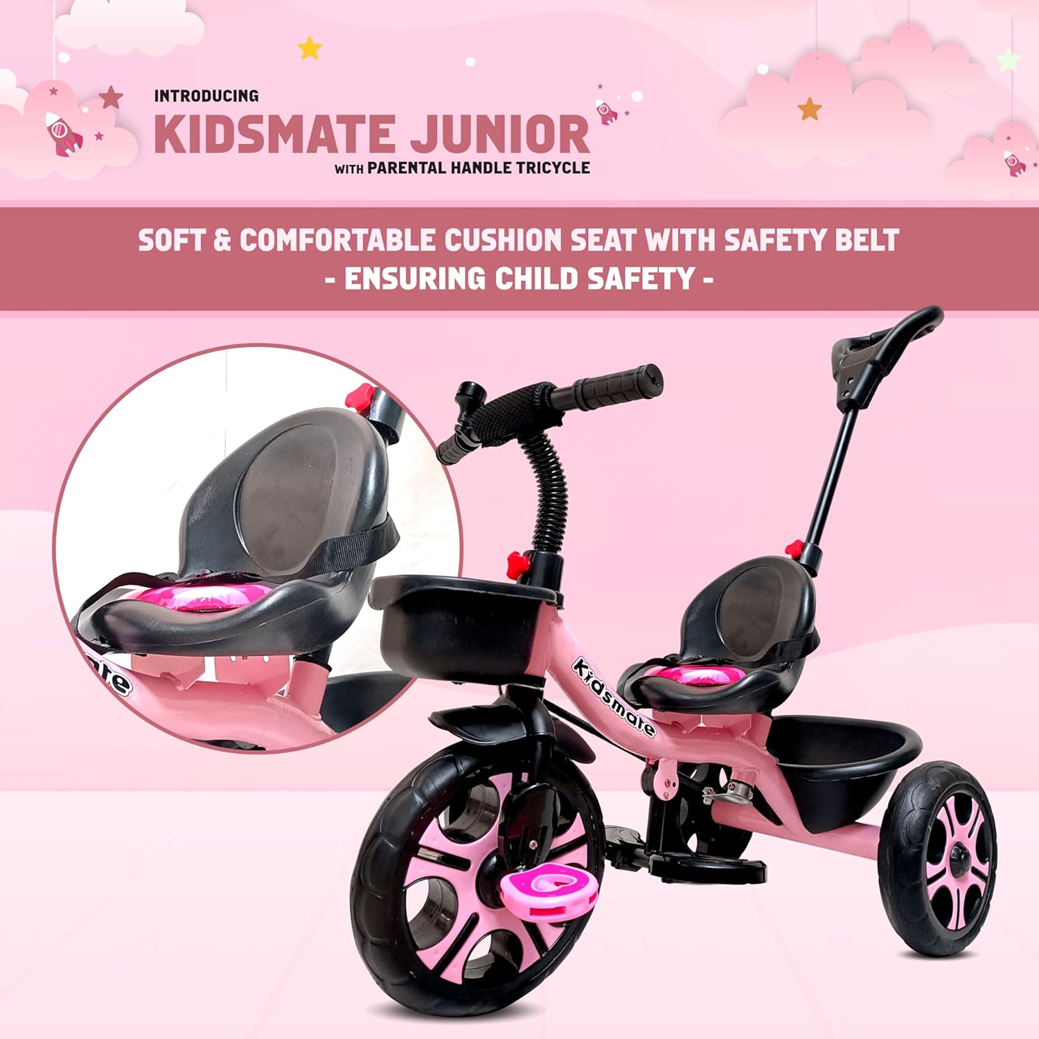 Kidsmate Junior Tricycle for Kids with Parental Control | Cycle for Kids 1-4 Years | Baby Cycle | Bicycle for Kids with Storage Basket, Cushion Seat and Seat Belt Carrying Capacity 30 Kgs (Pink) - Springkart 