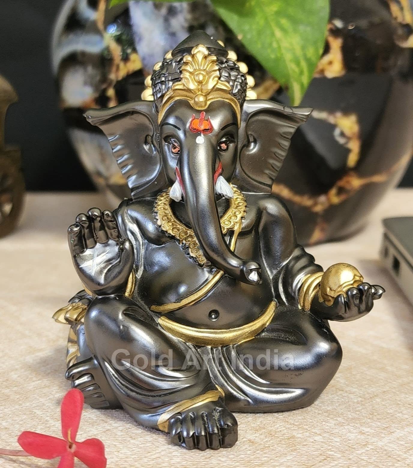 Gold Art India Gold and Silver Plated Matte Finish Ganesh Idol For Car Dashboard Ganesha Murti Ganpati Idol For Home Decor Puja Lord Ganesh Statue Gift For Office Desk Puja Room Figurine, 3 x 3 inches