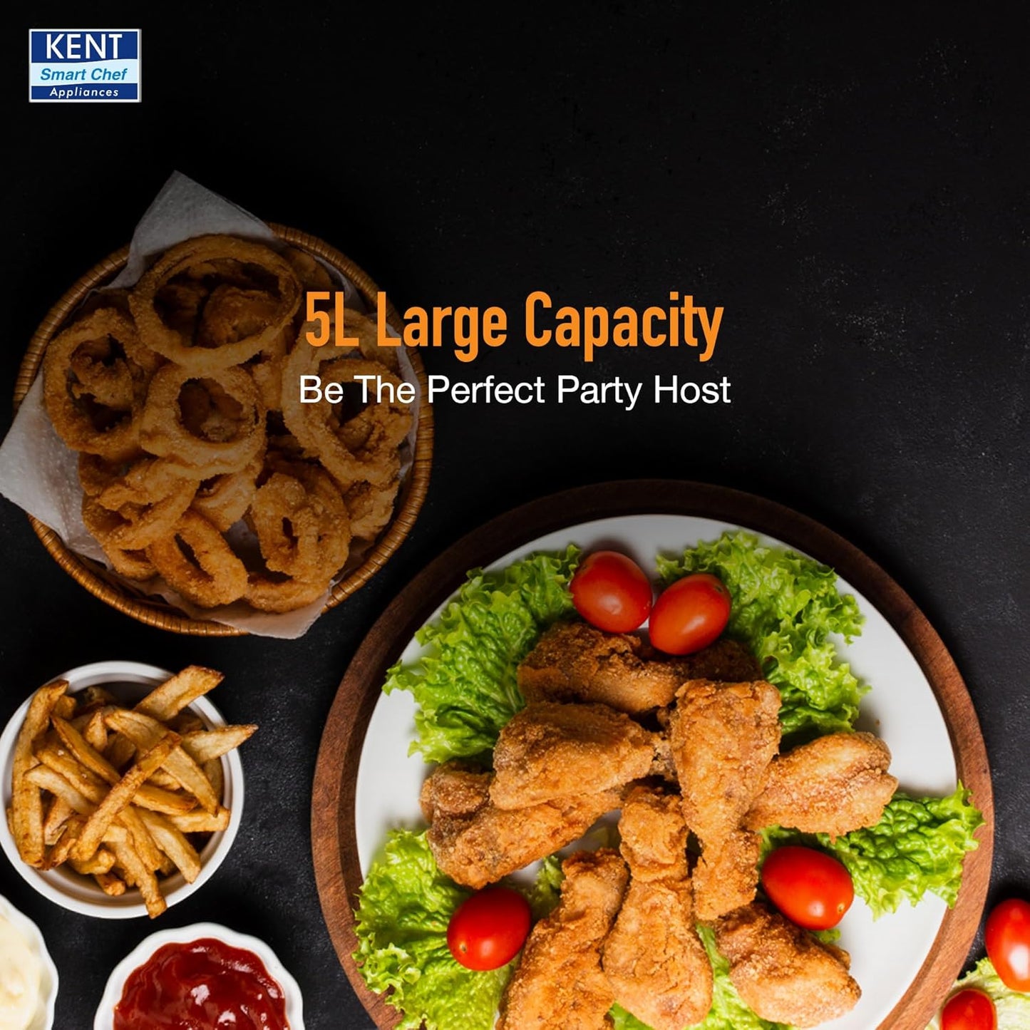 KENT Ultra Digital Air Fryer 5L | 1500W | Bake, Grill & Roast | Up to 80% Less Oil Usage |8 Preset Menu|Rapid Heat Circulation |Digital Display & Touch Control Panel |Glass Window with in built Light