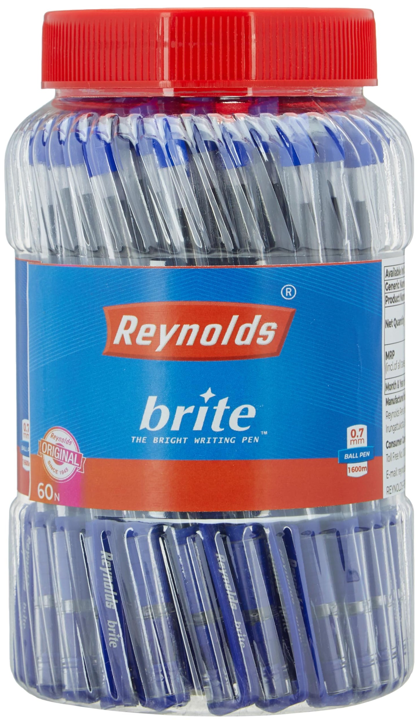 Reynolds BRITE Ball Pen SET - 25 BLUE PENS WITH COMFORTABLE GRIP | BALL PENS FOR WRITING | PEN FOR STUDENTS & OFFICE STATIONERY | 0.7 mm TIP SIZE - Springkart 