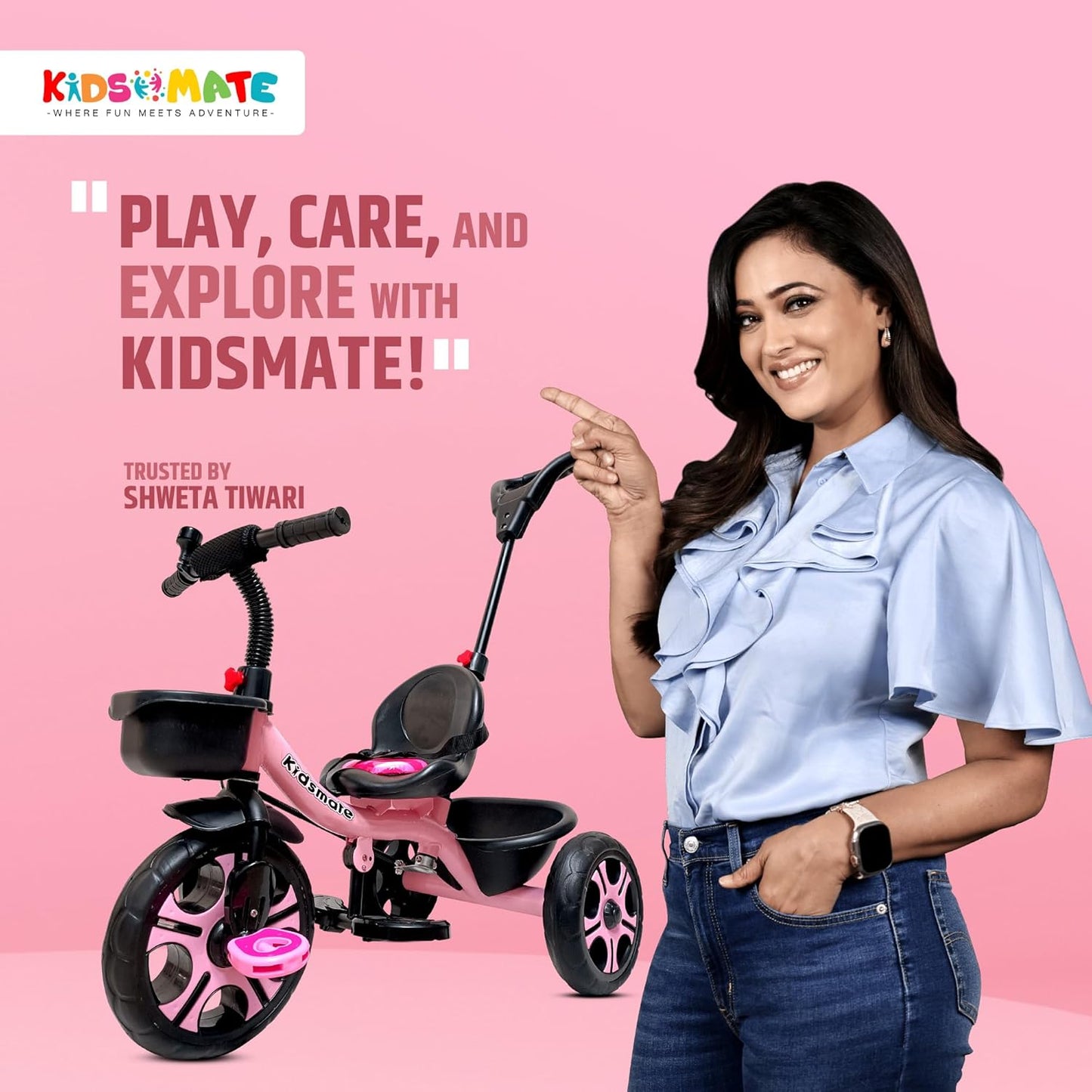 Kidsmate Junior Tricycle for Kids with Parental Control | Cycle for Kids 1-4 Years | Baby Cycle | Bicycle for Kids with Storage Basket, Cushion Seat and Seat Belt Carrying Capacity 30 Kgs (Pink) - Springkart 