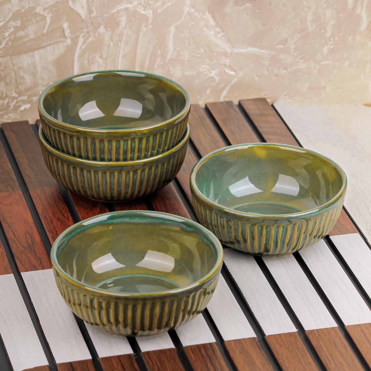 The Earth Store Glam Green Ceramic Bowl Set of 4, 250 ML Microwave & Dishwasher Safe Bowl Katori for Serving Snacks, Dal, Rice, Dessert | Perfect for Gifting and Daily Use