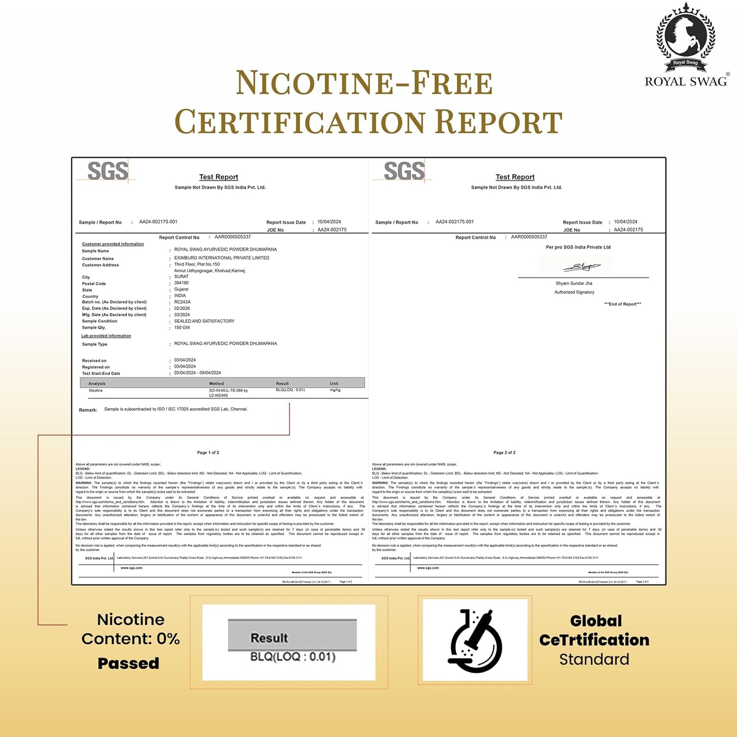 Royal Swag Ayurvedic Herbal Cigarette 100% Tobacco-Free and 100% Nicotine-Free 10 Sticks - | Smoking Cessation