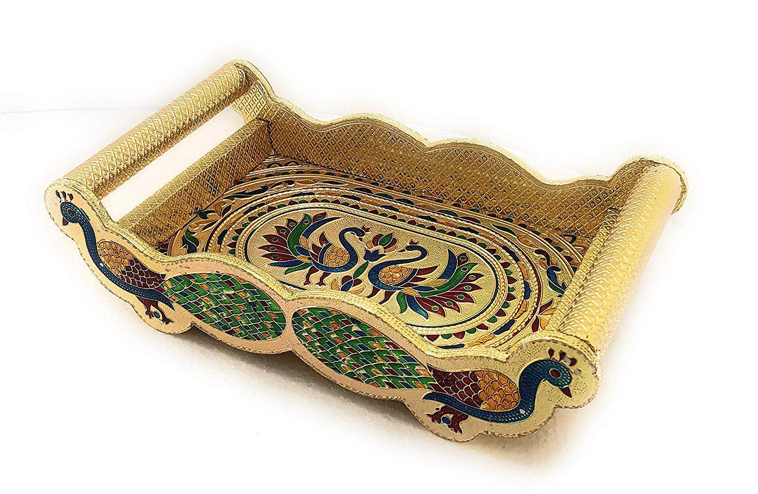 Peacock Design Glass with Handle and Handicraft Serving Tray Set - Springkart 