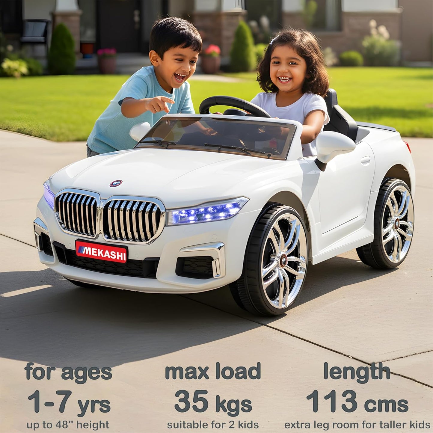 MEKASHI Electric Ride on Car for Kids, Parental Remote, 12V Rechargeable Battery, 3 Speed, LED Lights, Music, Bluetooth, 1 to 7 Years, Swing Function, Long Wheelbase, ISI Mark, MKS003-White