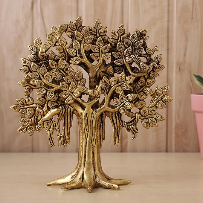 Pure Brass Kalpavriksha Tree Showpiece (9 inches, 1.25 Kg) Trees of Life - Home Decor - Gift for Good Luck Vastu and Fengshui - Best in Living Room Table Decoration with Antique Polish