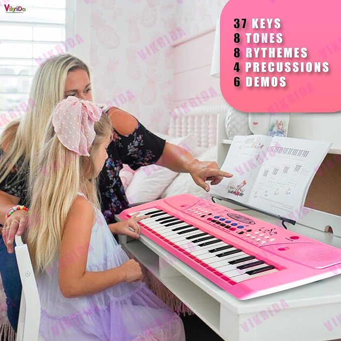 VikriDA Kids Keyboard Piano, 37 Keys Piano Keyboard with Power Option (37 Keys and 8 Tones, 8 Rhythms 4 Percussion) Pink