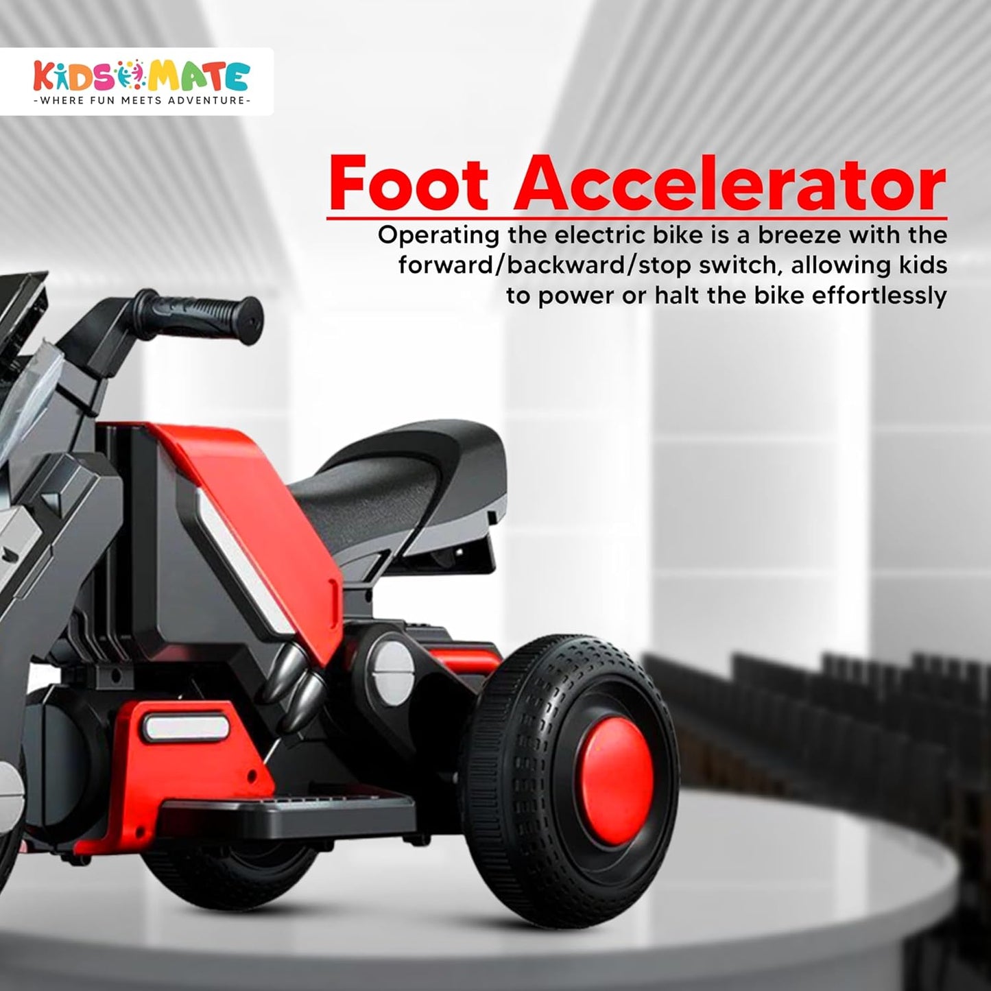 Kidsmate Hyrider 6V Electric Kids Bike with Rechargeable 6.5 Ah Battery Inbuilt Imported Motor Drive | Music Player, Front LED Light & Foot Accelerator Pedal Bike for Ages 1-4 Years
