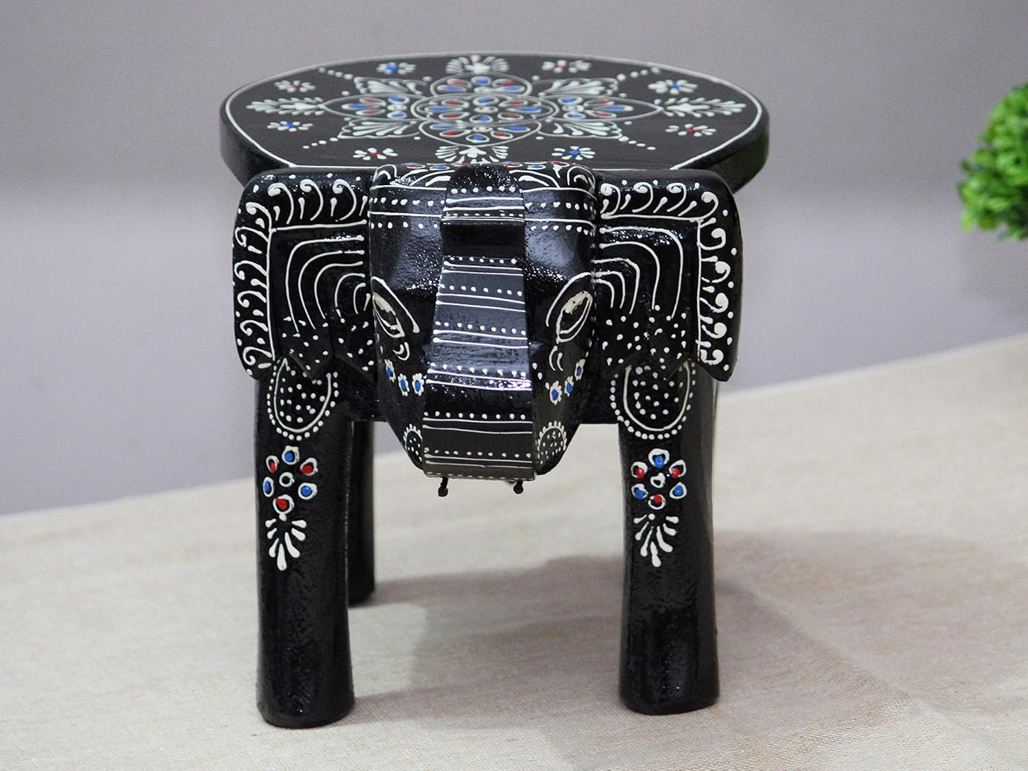 JH Gallery Handcrafted and Emboss Painted Colorful Wooden Elephant Shape Stool Table (8 Inches Height, Black)