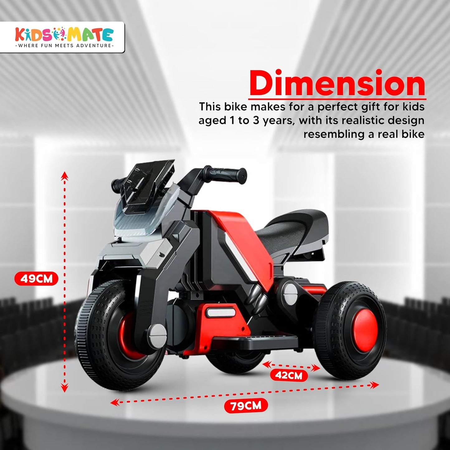Kidsmate Hyrider 6V Electric Kids Bike with Rechargeable 6.5 Ah Battery Inbuilt Imported Motor Drive | Music Player, Front LED Light & Foot Accelerator Pedal Bike for Ages 1-4 Years
