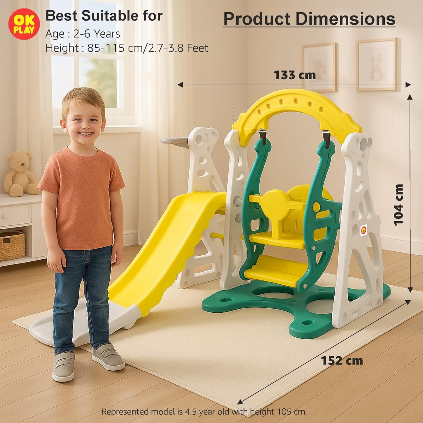 OK PLAY 3 in 1 Penguin Play Set for 2-5Years |Slide | Swing | Basketball | Perfect for Home, School & Playground | Easy Assembly | Compact | Safe & Fun Activity Toy | 152 x 133 x 104cm | Yellow&Green