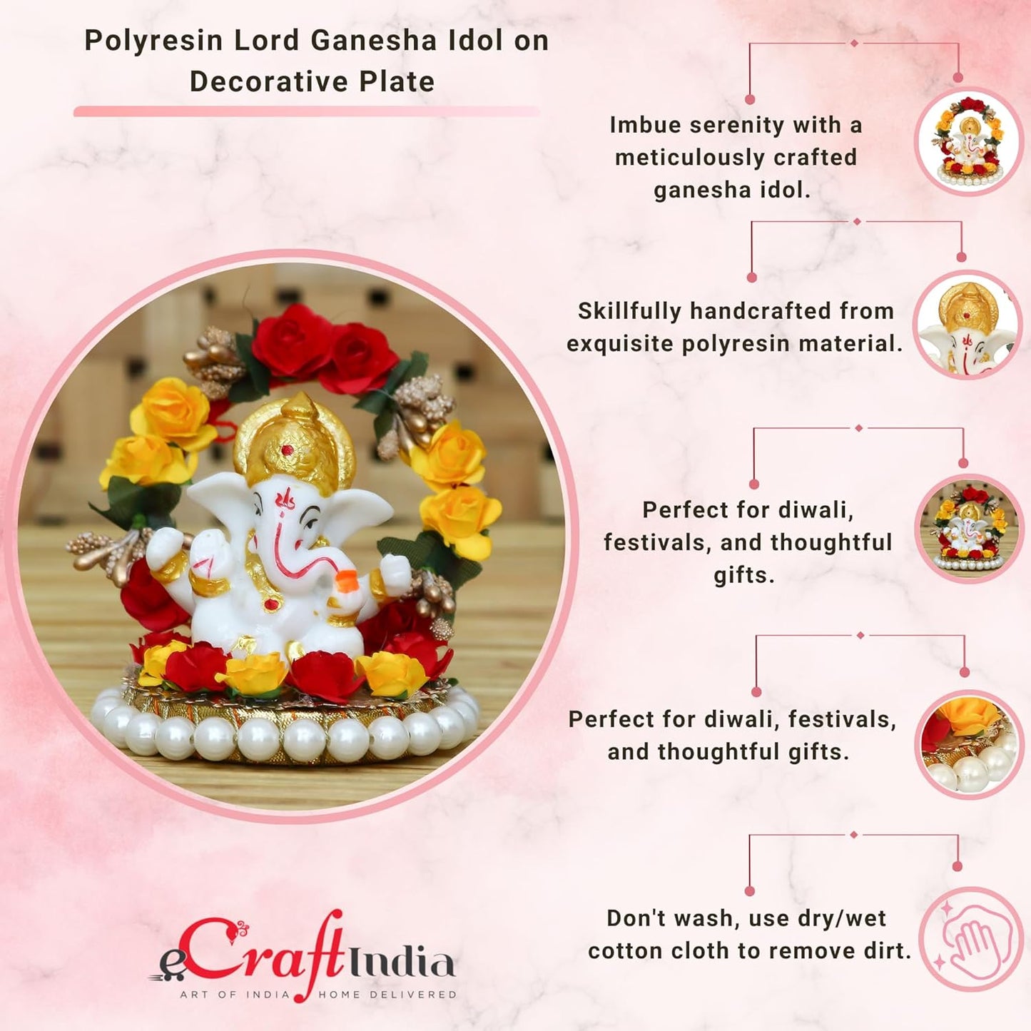 eCraftIndia Resin Lord Ganesha Idol On Decorative Rose Flower Plate| Ganesha Idol for Home Decor Car Dashboard| Ganesha Statue| Ganesh Murti| Ganpati Murti God Statue Gift for Diwali Housewarming