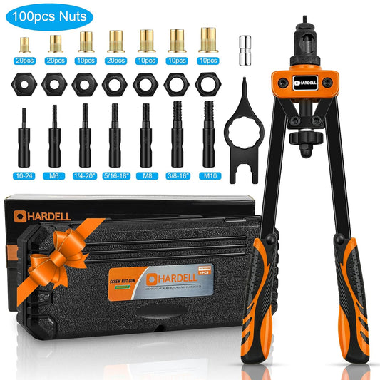 HARDELL Rivet Nuts Tool, 14" Hand Rivet Tool Kits with 100Pcs Rivet Nuts and 7 Metric & Inch Mandrels M6 M8 M10, 1/4-20, 5/16-18, 3/8-16, 10-24 and Rugged Carrying Case - Springkart 