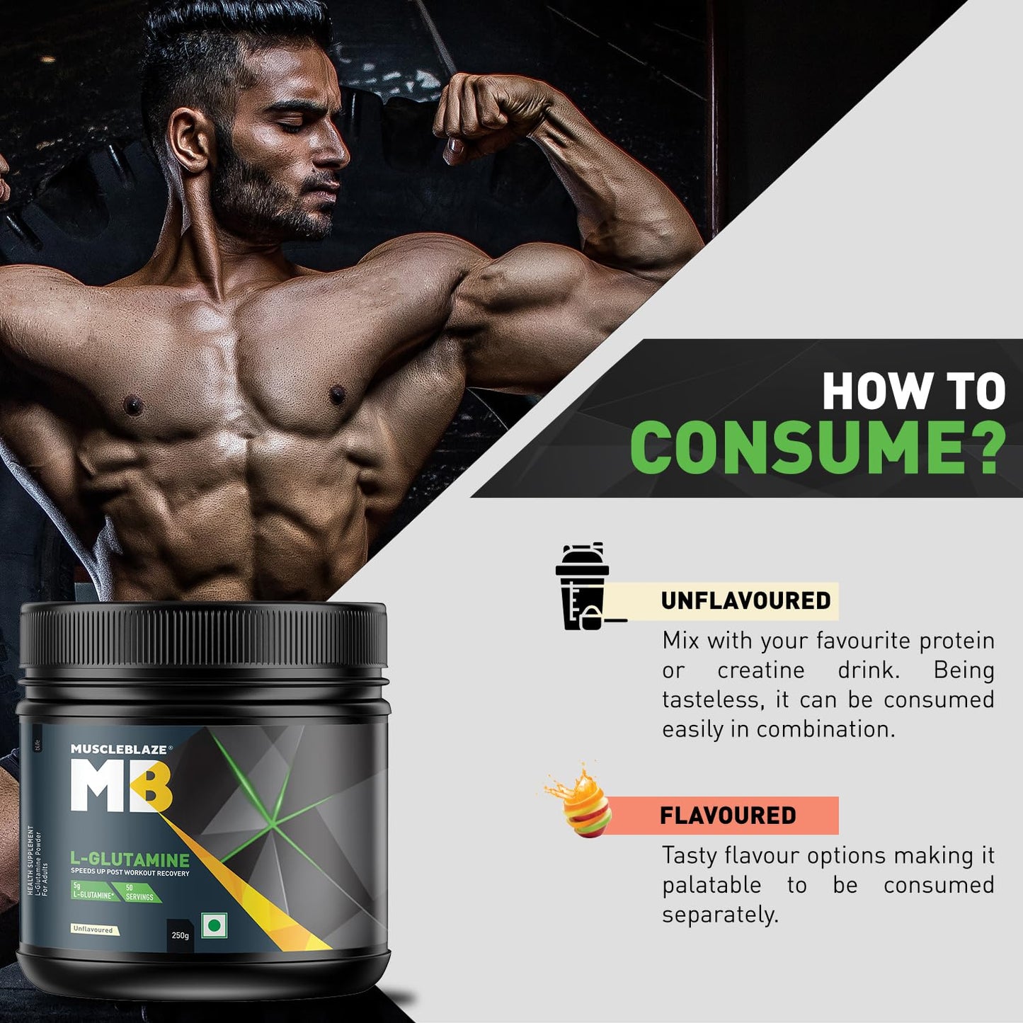 MuscleBlaze L-Glutamine (Unflavoured, 250g, 50 Servings) | Post Workout Recovery | 5g Glutamine