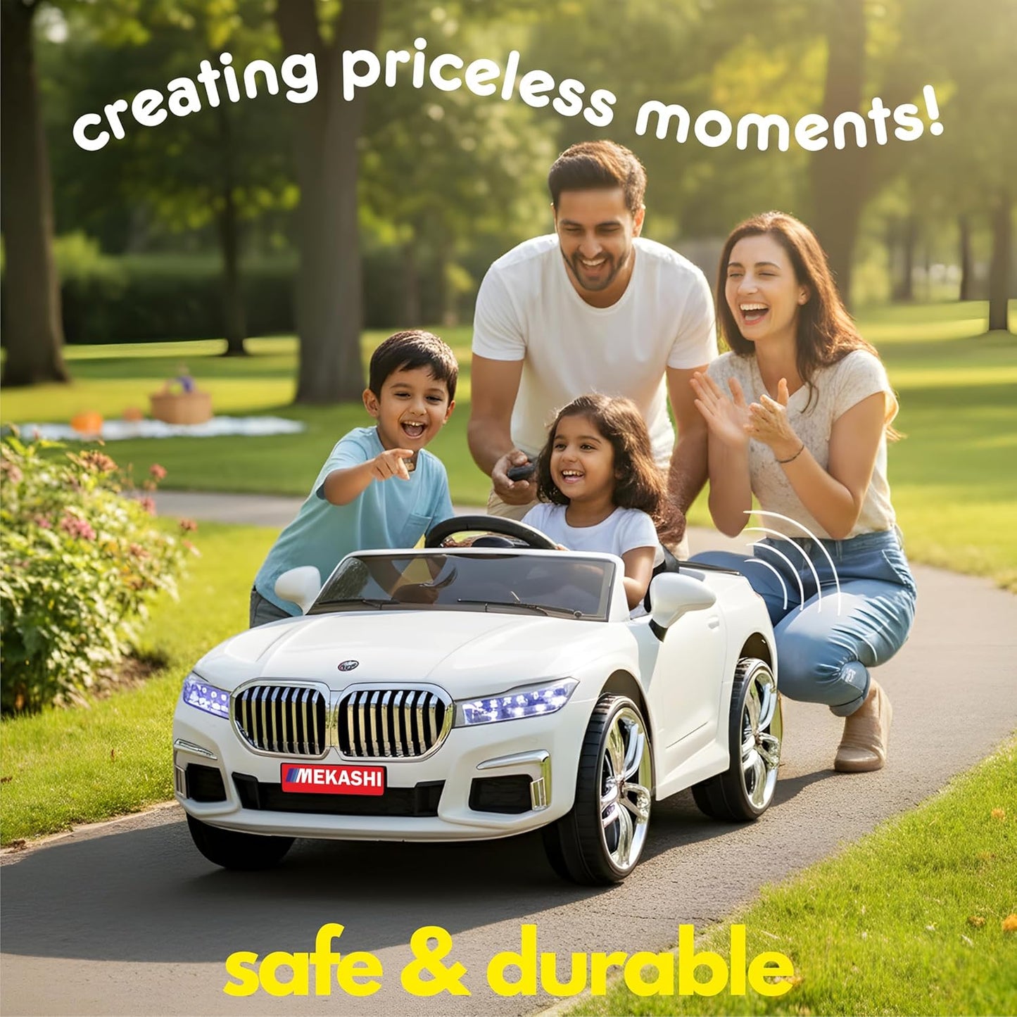 MEKASHI Electric Ride on Car for Kids, Parental Remote, 12V Rechargeable Battery, 3 Speed, LED Lights, Music, Bluetooth, 1 to 7 Years, Swing Function, Long Wheelbase, ISI Mark, MKS003-White