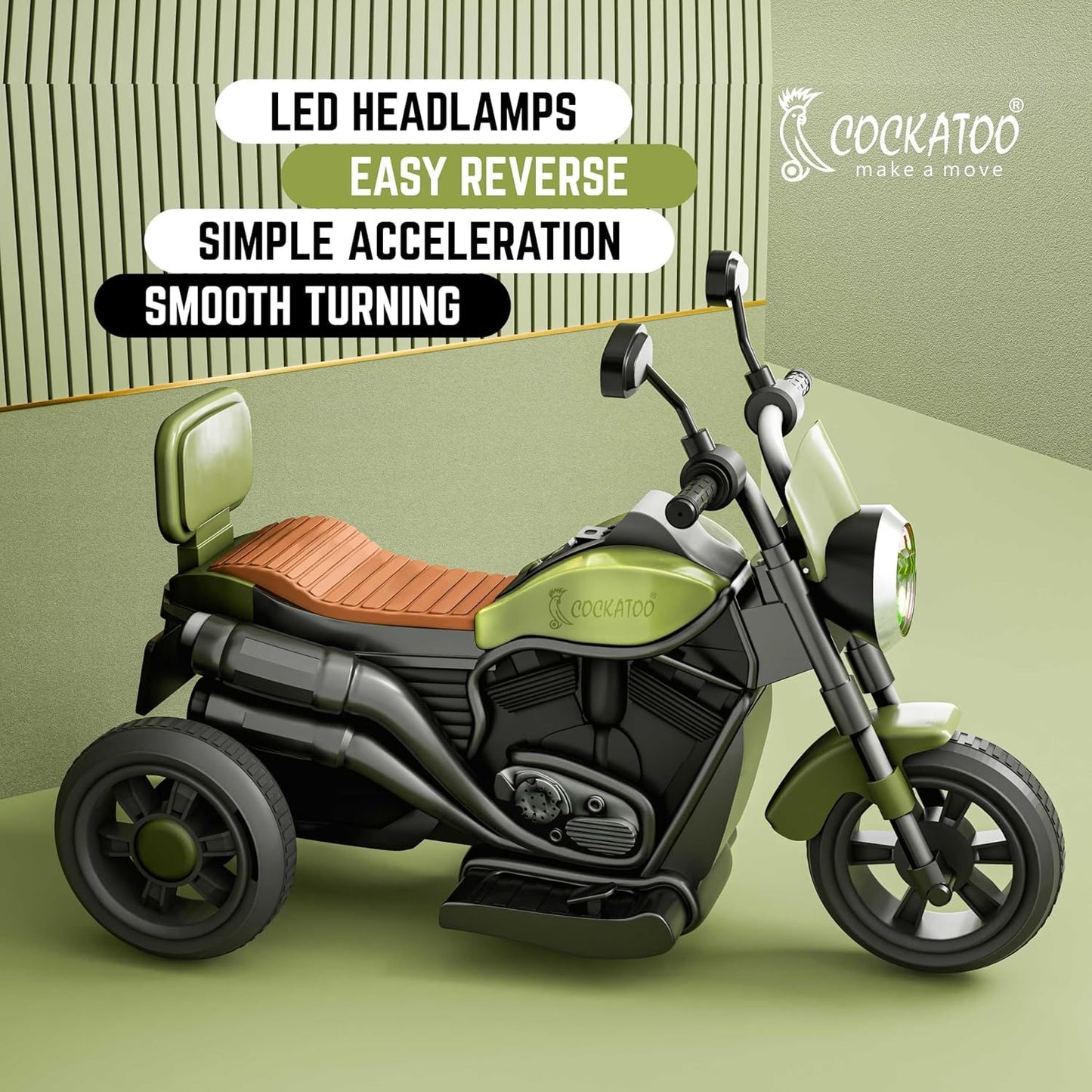 Cockatoo 5E Cruise Rechargable Electric Kids Bike with Music and LED Light, Kids Scooter Bike for 1-5 Yrs Boys&Girls Powered by 6V & 4.5 AH Battery for 4.5Hr-6Hr Ride- Pista Green