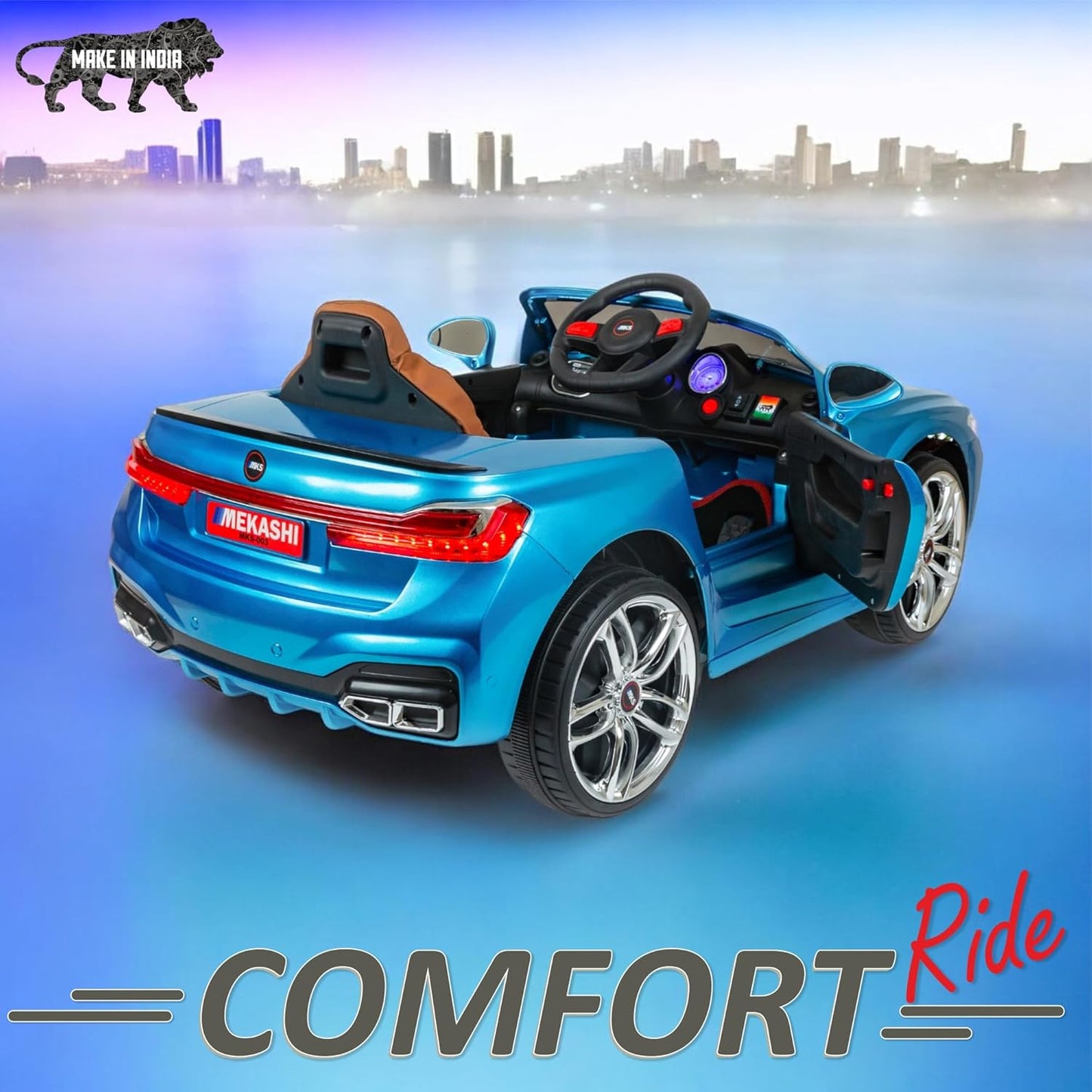 MEKASHI Electric Ride on Car for Kids, Parental Remote, 12V Rechargeable Battery, 3 Speed, LED Lights, Music, Bluetooth, 1 to 7 Years, Swing Function, Long Wheelbase, ISI Mark, MKS003D-Metallic Blue