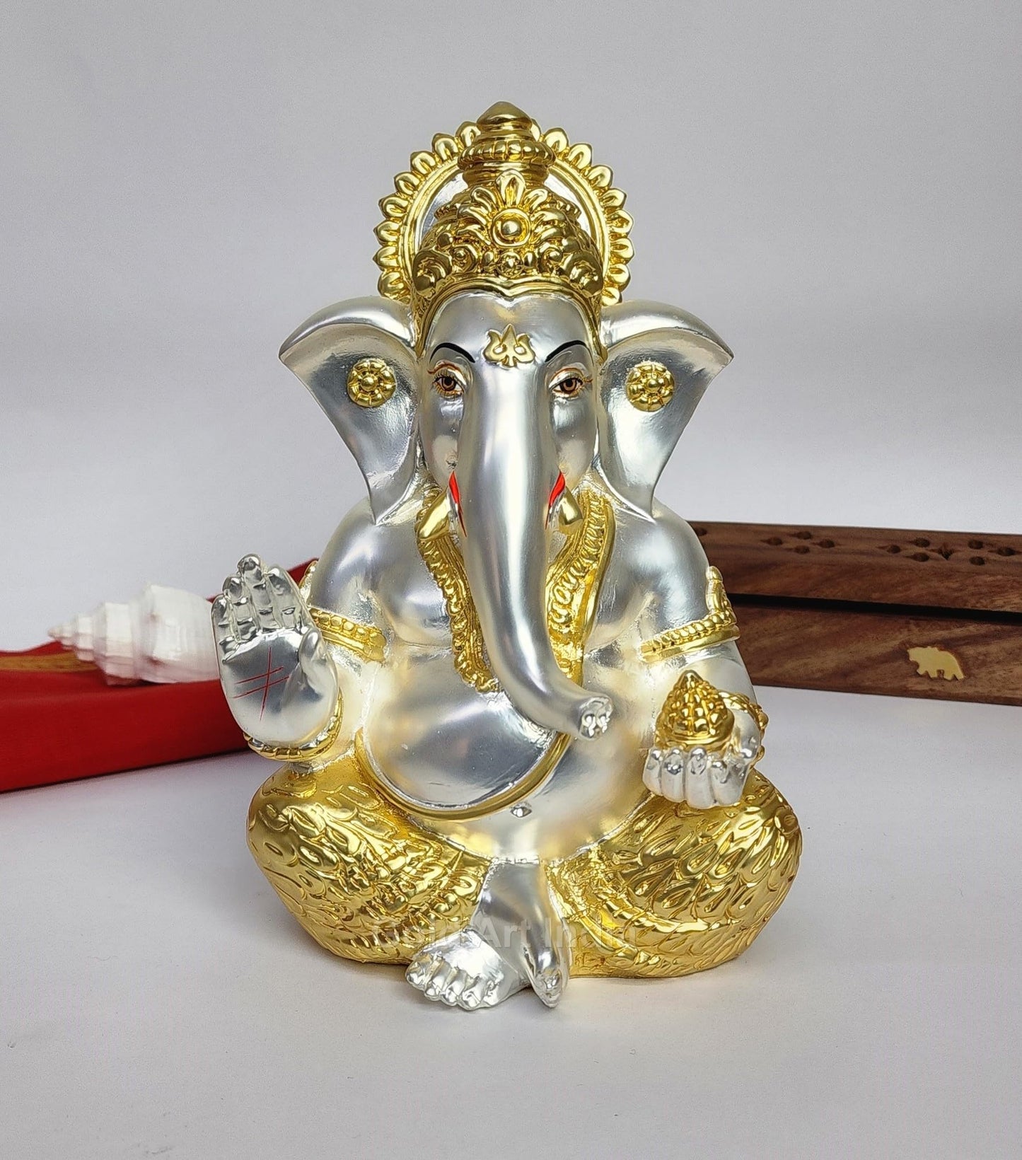 Gold Art India Ganesha Idol | Ganesh Statue for Home Decor | Ganesha murti for Office Desk, & Ganpati Idol for Car Dashboard | Unique Wedding & Birthday Gift (Gold Antique 3.5")