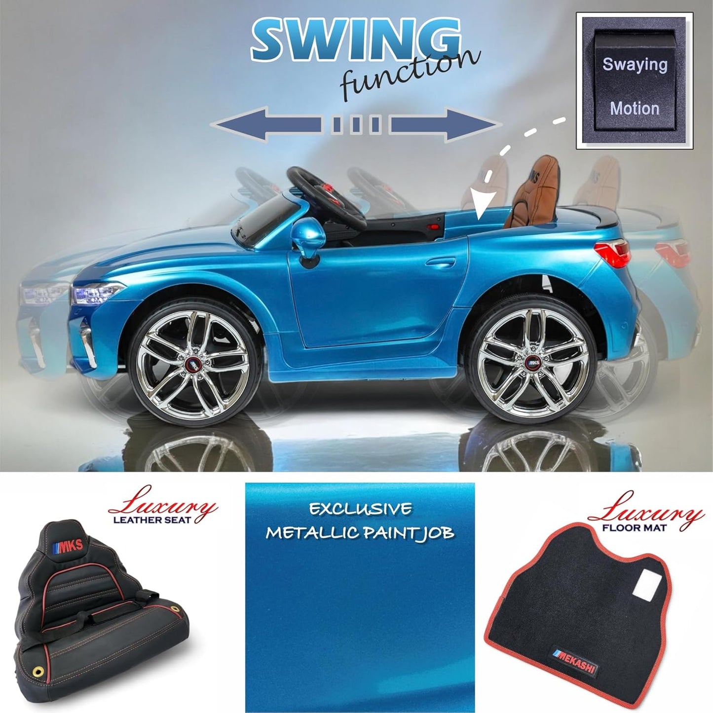 MEKASHI Electric Ride on Car for Kids, Parental Remote, 12V Rechargeable Battery, 3 Speed, LED Lights, Music, Bluetooth, 1 to 7 Years, Swing Function, Long Wheelbase, ISI Mark, MKS003D-Metallic Blue