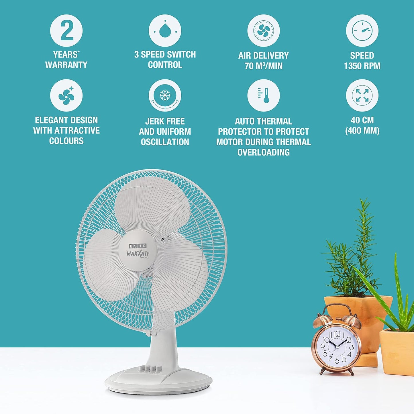 USHA Maxx Air Ultra Table Fan | 400MM Sweep Size | 1350 RPM | Aerodynamic Blade Design for High Air Delivery | Corrosion Protection with Plastic Blades | 3 Speed Settings | 100% Copper Motor | 2 Year Warranty | White