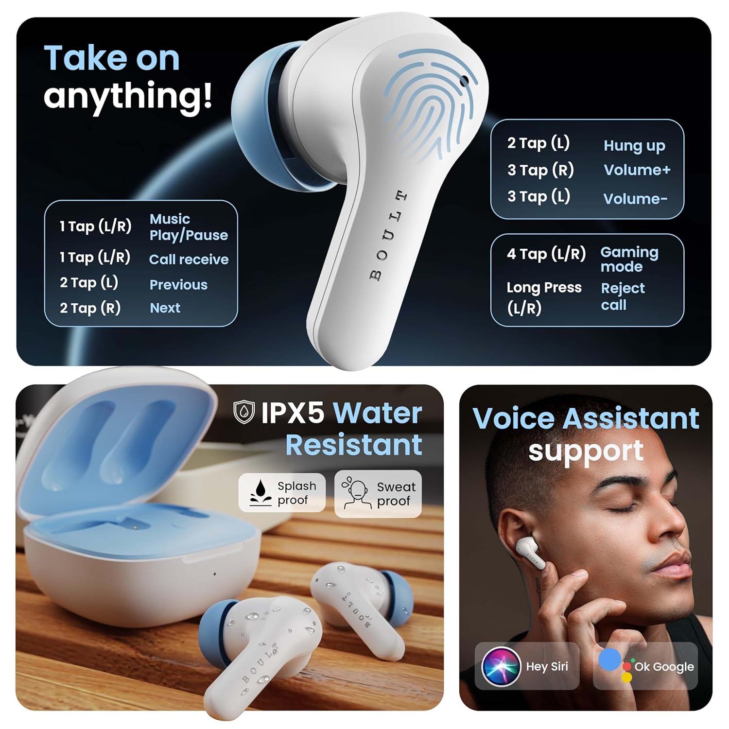 Boult K10 Truly Wireless Bluetooth in Ear Earbuds with 50H Playtime, 4 Mic Clear Calling, 45ms Low Latency, 10mm Drivers, Touch Controls, Type-C Fast Charging, IPX5, TWS Ear Buds Wireless (Ice Blue) - Springkart 