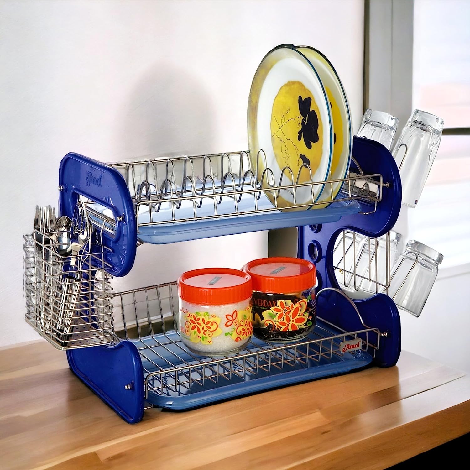 STAINLESS STEEL DRAIN BOWL STORAGE RACK HOLDER PLATE DISH CUTLERY CUP RACK WITH TRAY KITCHEN SHELF STAND - Springkart 