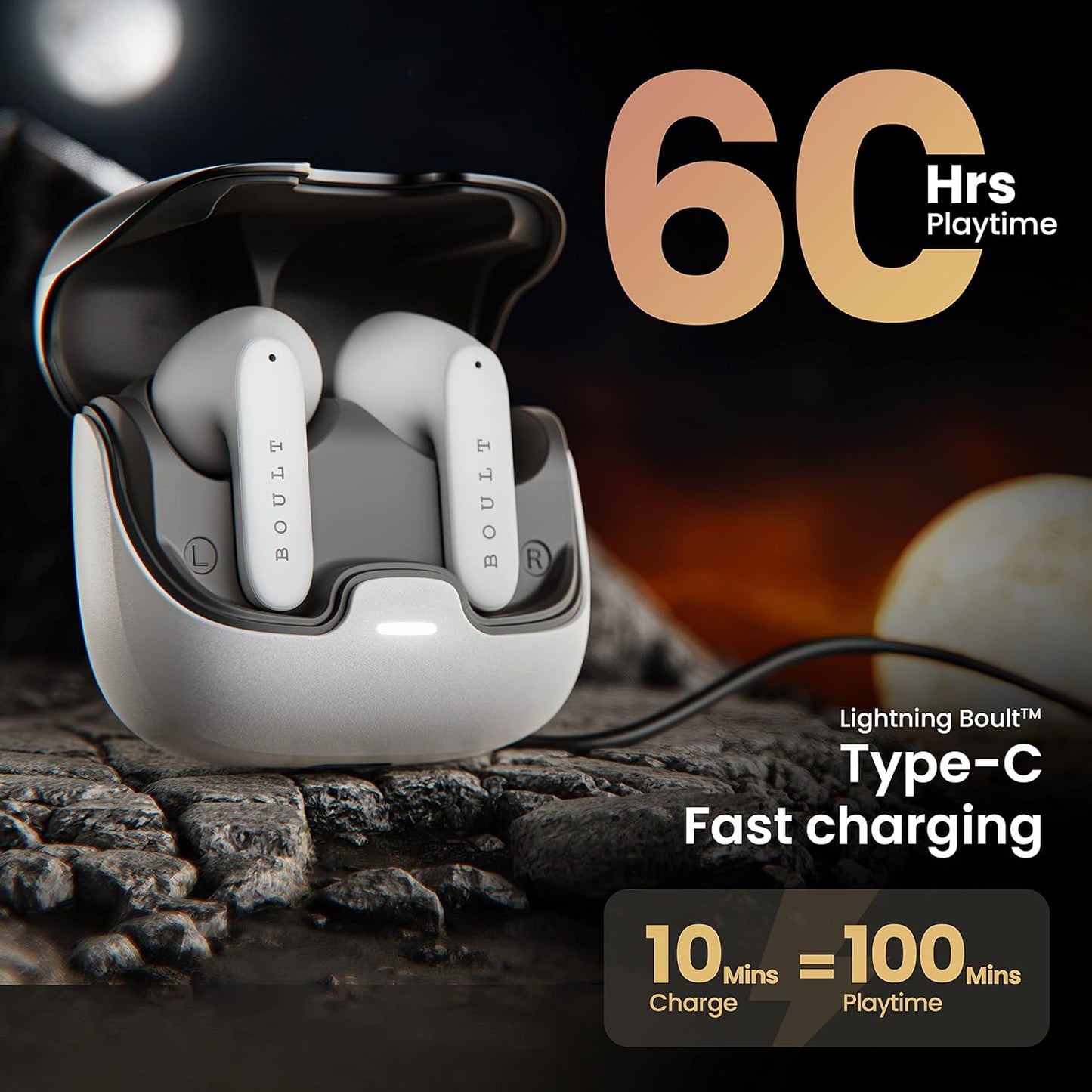 Boult Audio Z40 True Wireless in Ear Earbuds with 60H Playtime, Zen™ ENC Mic, Low Latency Gaming, Type-C Fast Charging, Made in India, 10mm Rich Bass Drivers, IPX5, Bluetooth 5.3 Ear Buds TWS (White) - Springkart 
