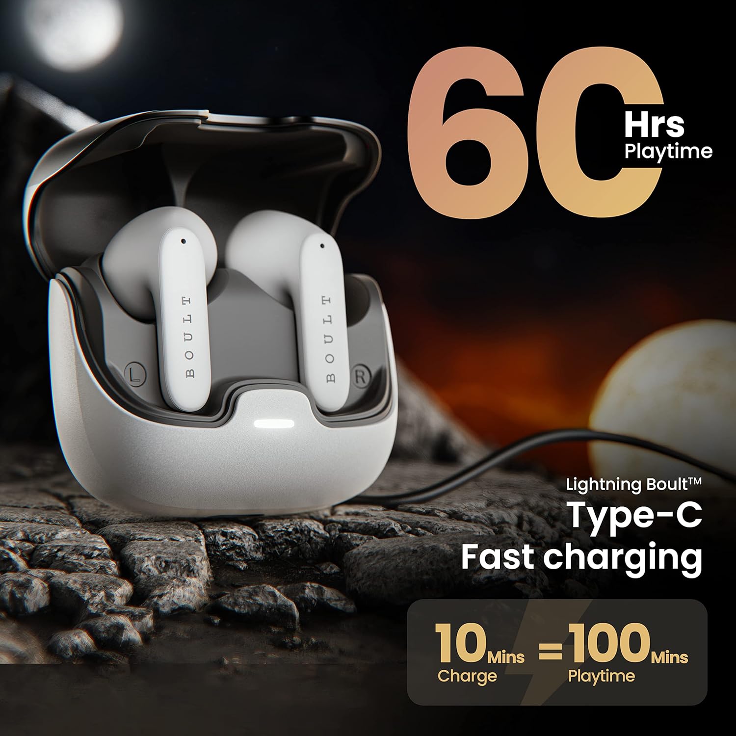 Boult Audio Z40 True Wireless in Ear Earbuds with 60H Playtime, Zen™ ENC Mic, Low Latency Gaming, Type-C Fast Charging, Made in India, 10mm Rich Bass Drivers, IPX5, Bluetooth 5.3 Ear Buds TWS (White) - Springkart 