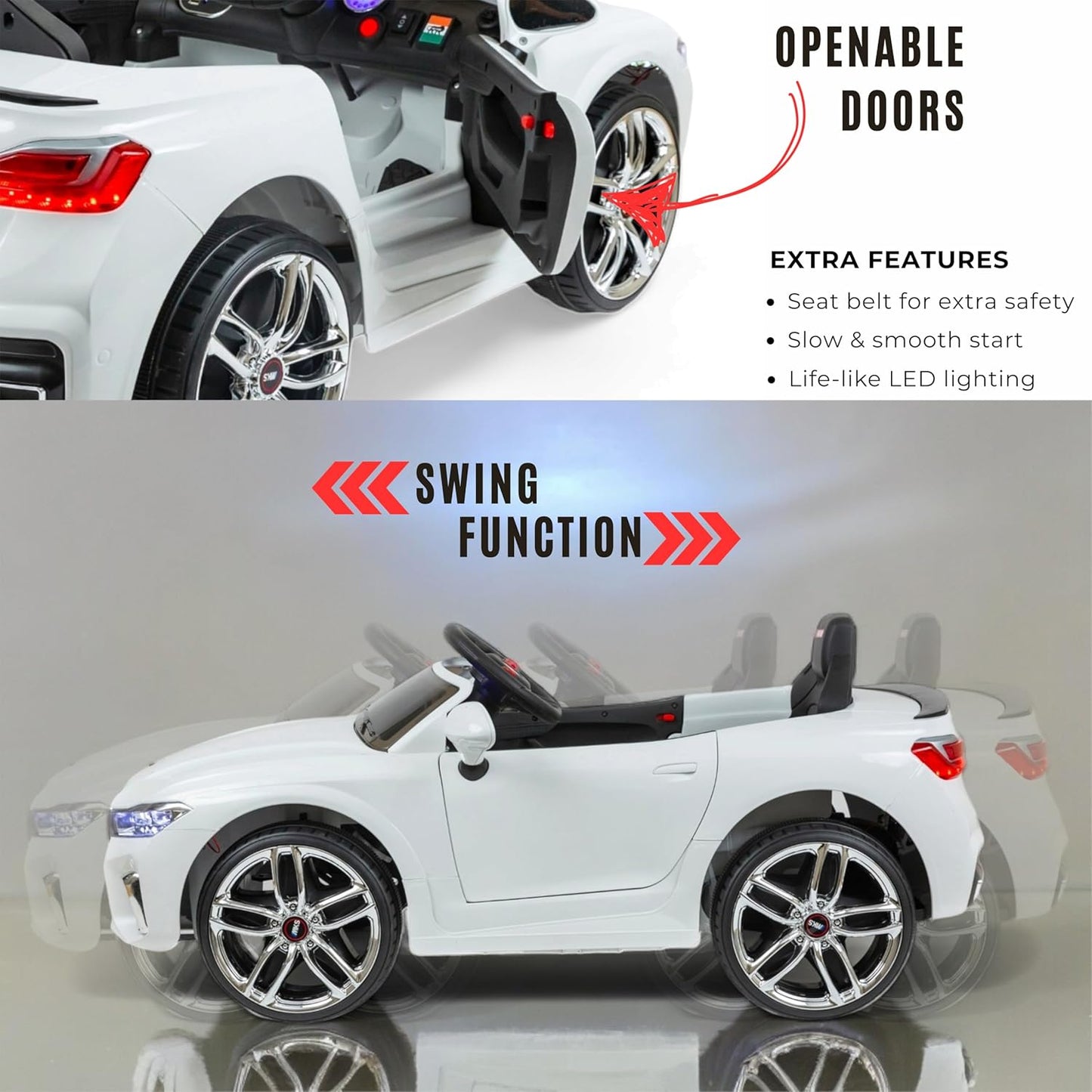 MEKASHI Electric Ride on Car for Kids, Parental Remote, 12V Rechargeable Battery, 3 Speed, LED Lights, Music, Bluetooth, 1 to 7 Years, Swing Function, Long Wheelbase, ISI Mark, MKS003-White