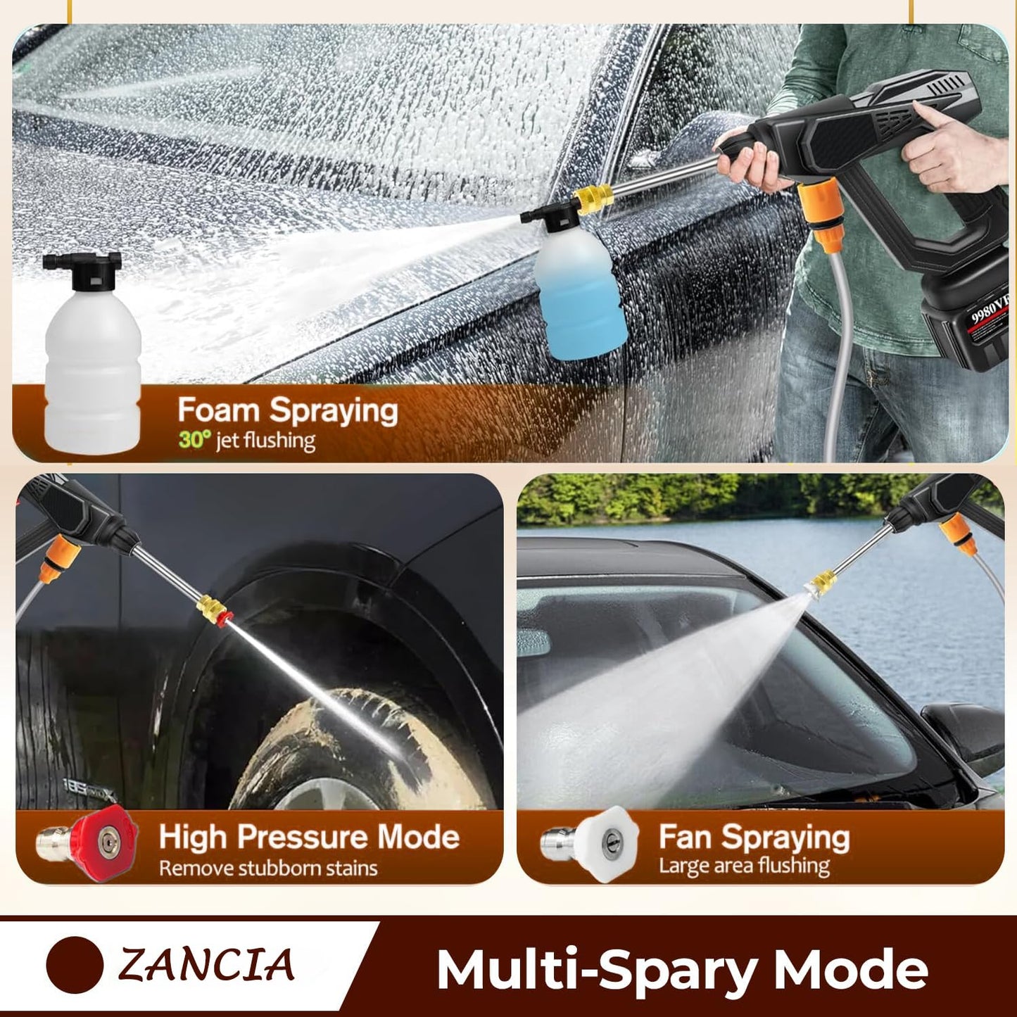 Cordless Car Washer High Pressure Gun - Car Washing 48V Rechargeable Electric Pressure Washer Gun Bike, Car Washing Pump, Portable Car Washer with Adjustable 3 in 1 Nozzle and 5M Pipe. (Dark Black)