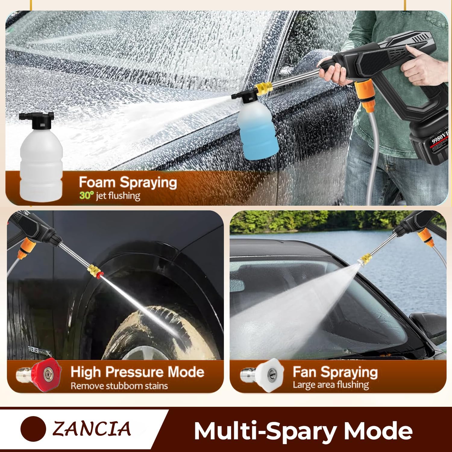 Cordless Car Washer High Pressure Gun - Car Washing 48V Rechargeable Electric Pressure Washer Gun Bike, Car Washing Pump, Portable Car Washer with Adjustable 3 in 1 Nozzle and 5M Pipe. (Dark Black)