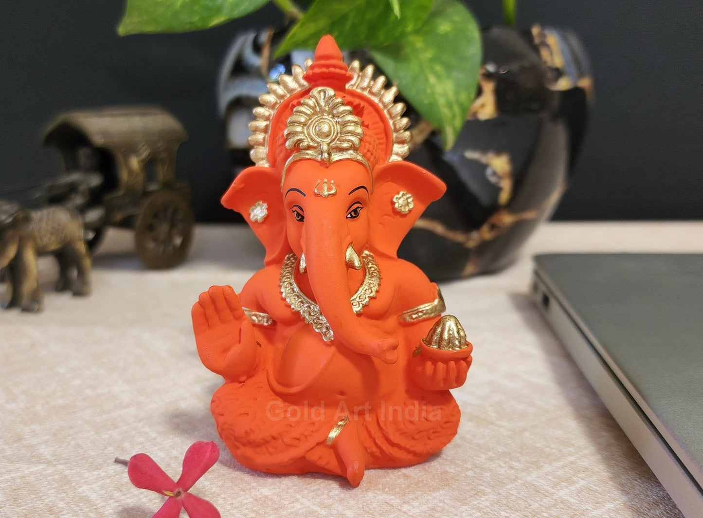 Gold Art India Ganesha Idol | Ganesh Statue for Home Decor | Ganesha murti for Office Desk, & Ganpati Idol for Car Dashboard | Unique Wedding & Birthday Gift (Gold Antique 3.5")