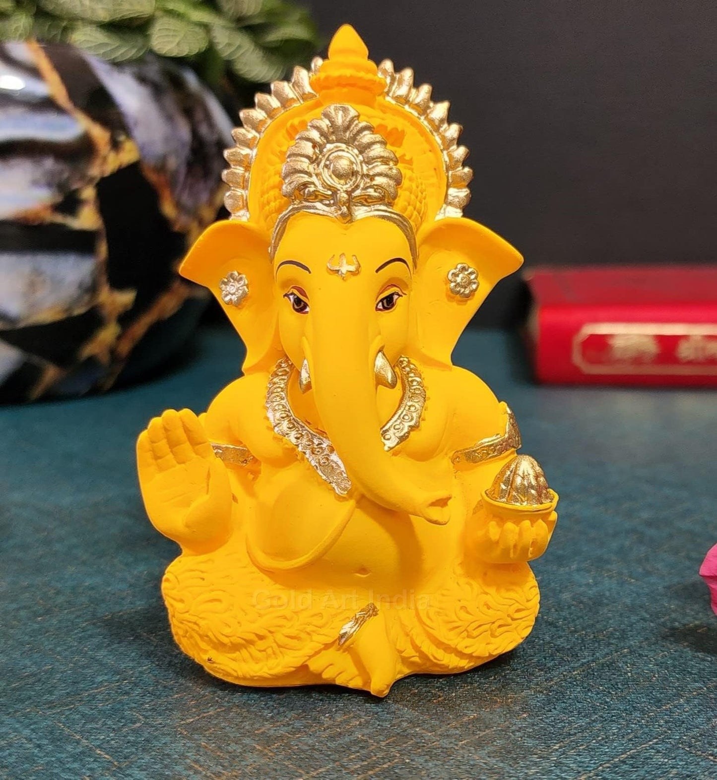Gold Art India Polyresin Lord Ganesha Idol for Car Dashboard, Home, Office | Ganpati Statue for Mandir Decor | Handcrafted Ganesh Murti (2 x 2.5 inch, Red & Orange)