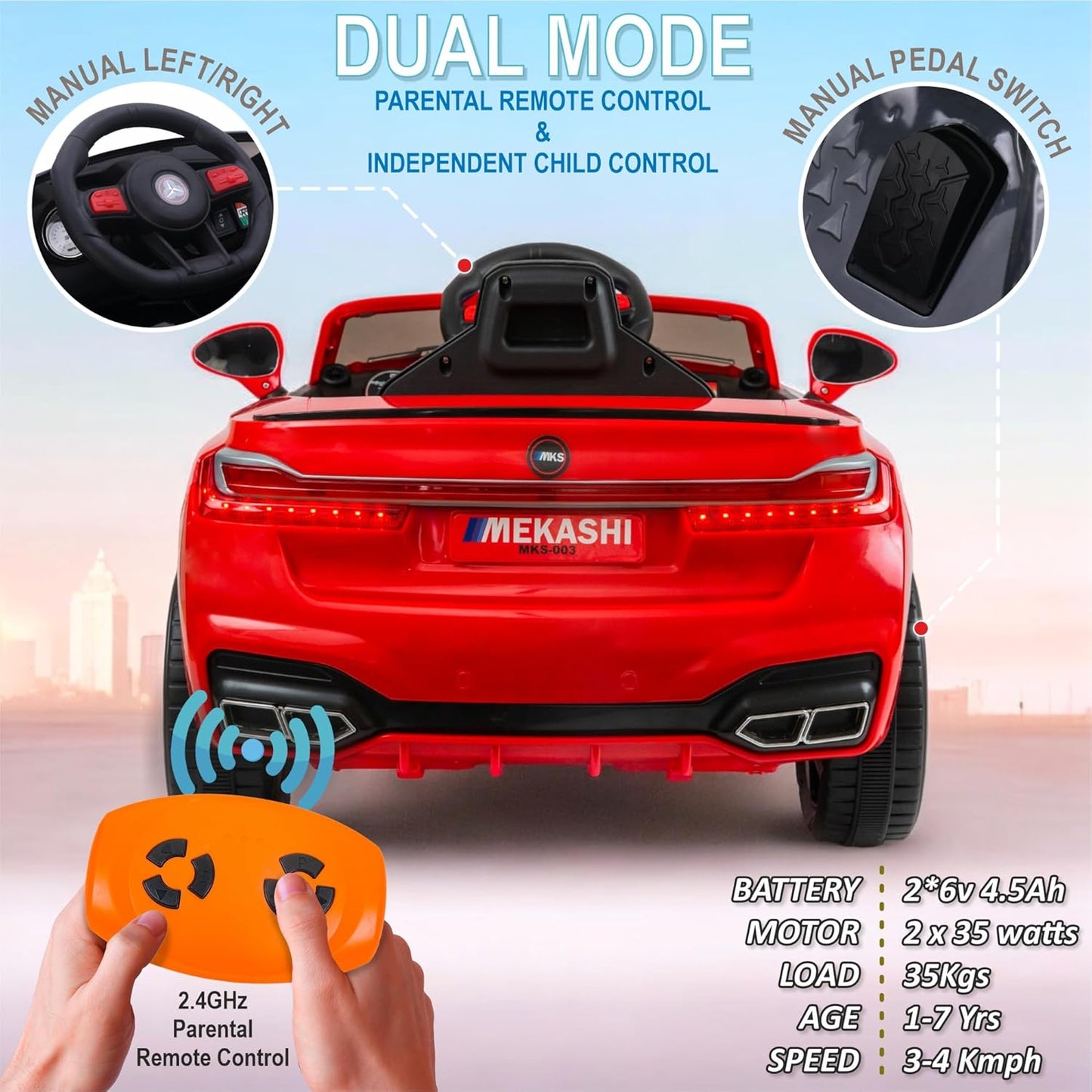 MEKASHI Electric Ride on Car for Kids, Parental Remote, 12V Rechargeable Battery, 3 Speed, LED Lights, Music, Bluetooth, 1 to 7 Years, Swing Function, Long Wheelbase, ISI Mark, MKS003-Red