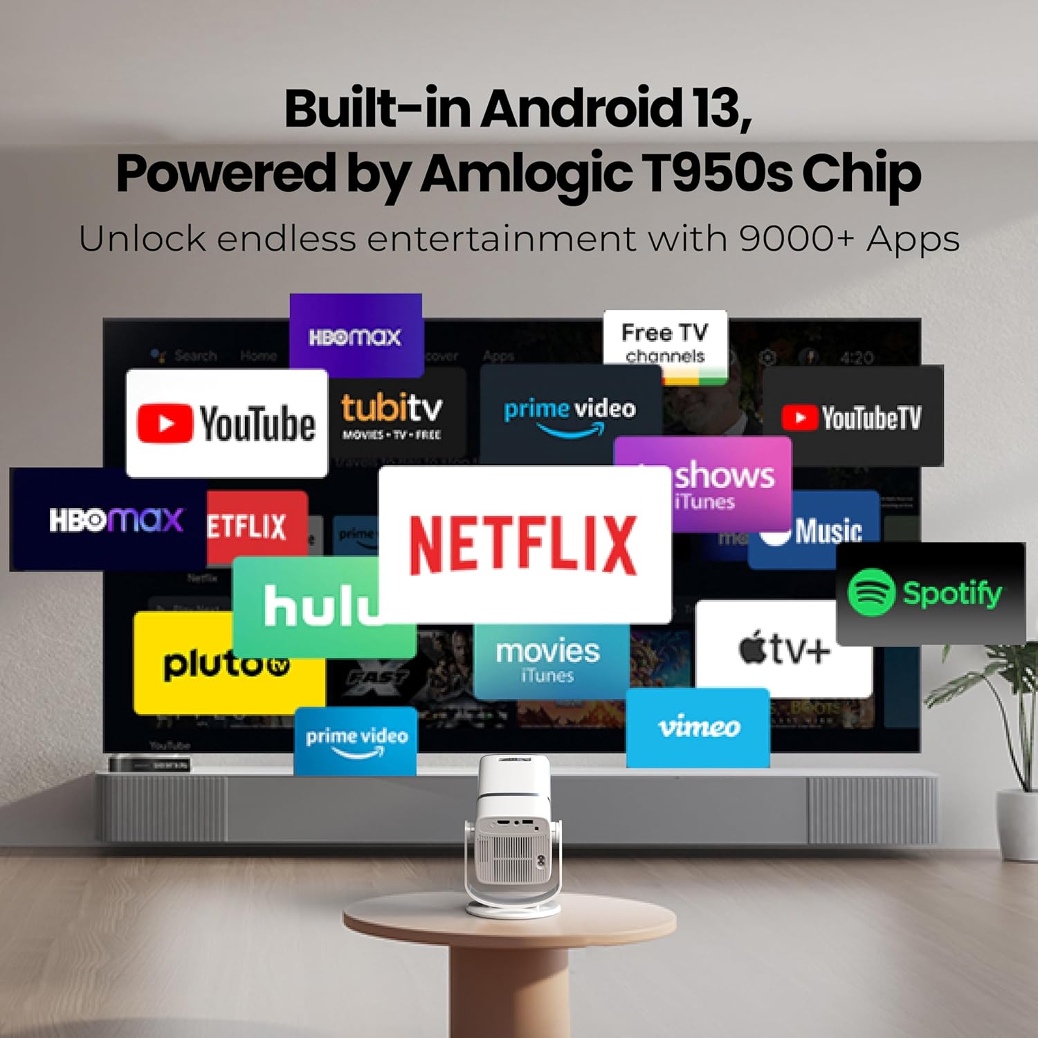 E GATE Atom 3X | Real Full HD 1080p Native, 13.0 Automatic Android Projector | 300 ISO | Rotatable Design | 4K HDR Support | Inbuilt Netflix, Prime | ARC-HDMI, USB, Wifi-6, BT, Screen Mirroring, Egate