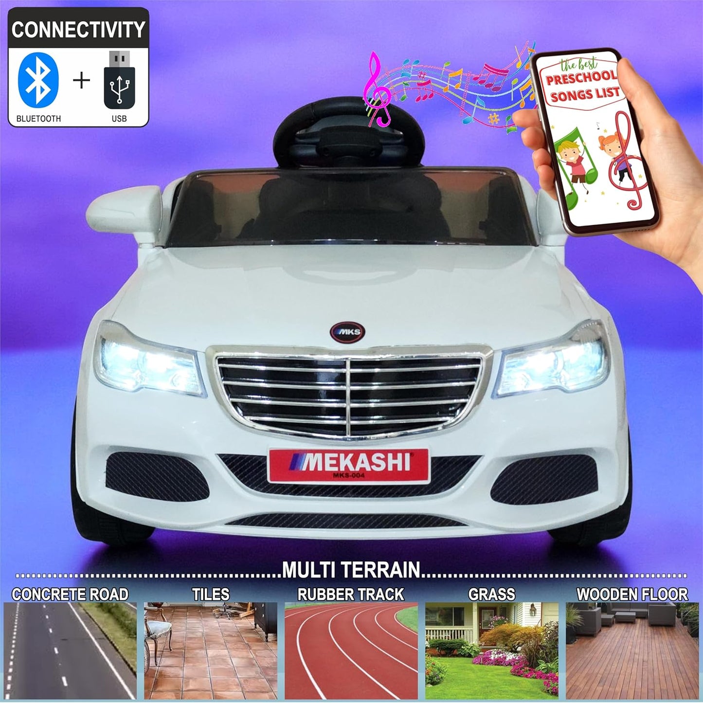 MEKASHI Electric car for Kids Ages 1 to 4 Years with 12V Rechargeable Battery, Remote Control, Bluetooth Music Player, LED Lights, ISI Mark (MKS-004, White)